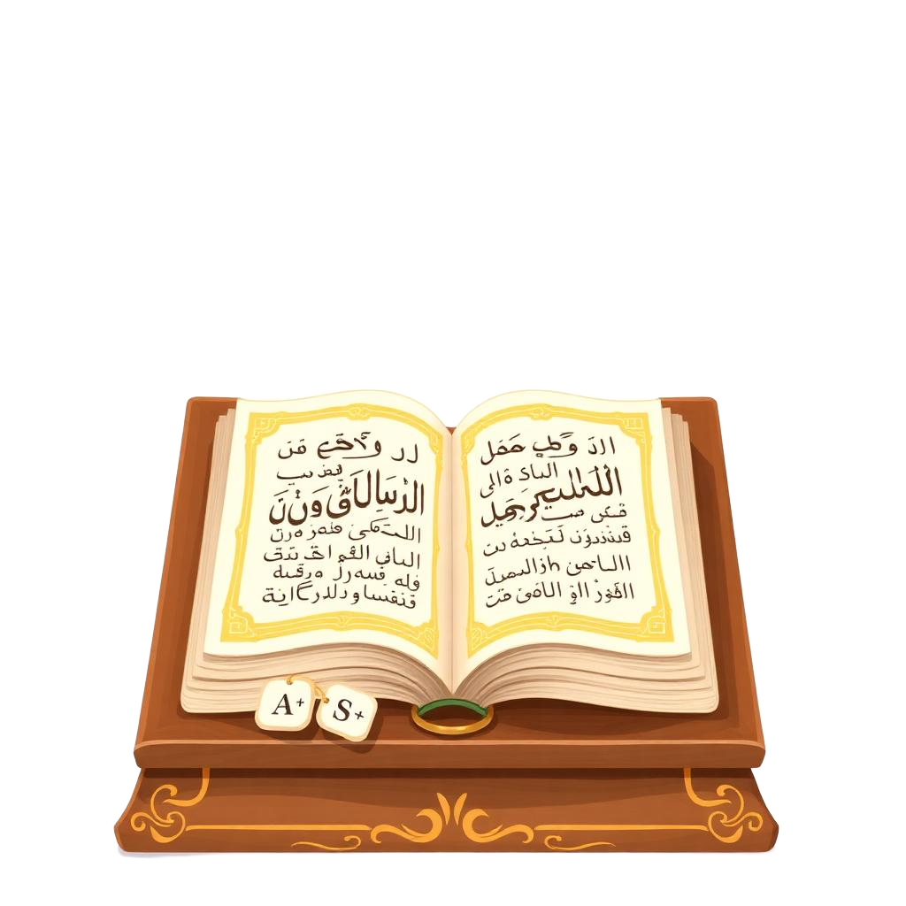 Illustrated open Qur'an on a wooden rehal with Arabic alphabet cards